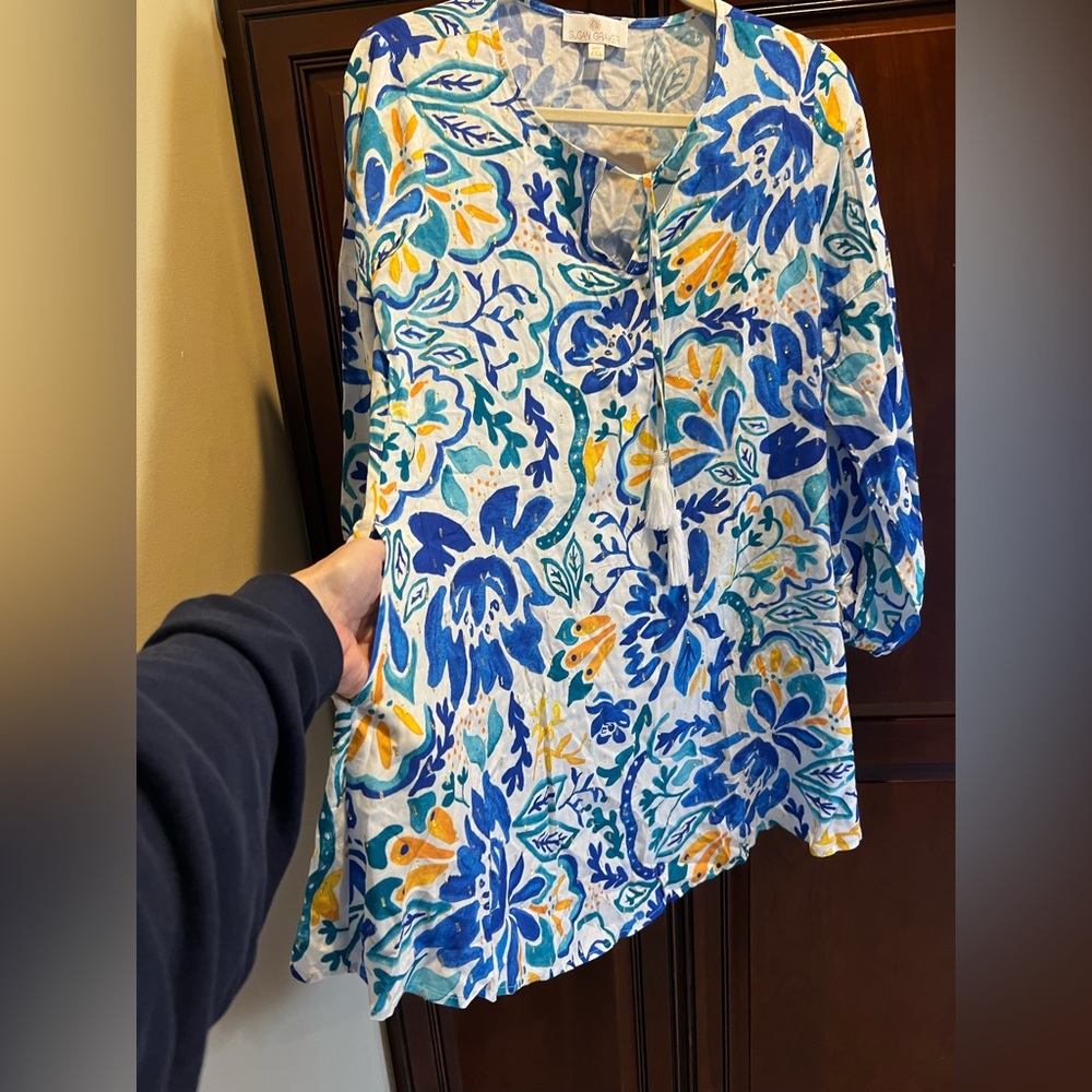 Susan Graver Soleil Regular Printed Woven Dress w/Pockets and Tassle Ties - XSP - Picture 3 of 8